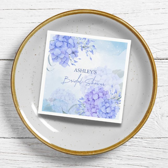 Servilleta De Papel Algo de hortensias azules elegante ducha de novia (Something blue bridal shower personalized napkins blue watercolor hydrangeas floral napkins)