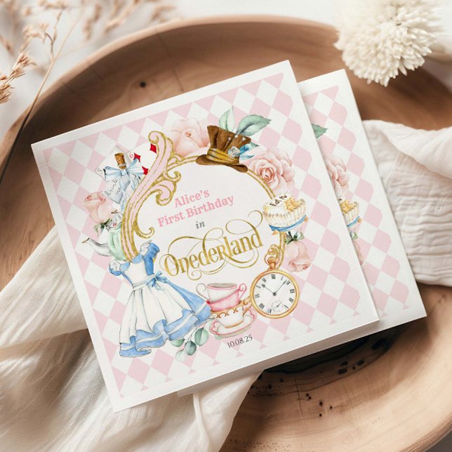Servilleta De Papel Alice Wonderland Tea Party, Girl 1st birthday  (Pink Alice's First Birthday in ONEderland, Girl's 1st Birthday Party Napkins.)