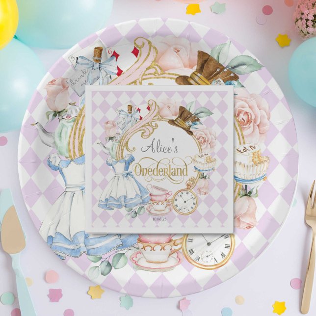 Servilleta De Papel Alicia morada en el odio loco de Wonderland 1er cu (Purple, Alice in Wonderland, girl 1st birthday. Onederland birthday party napkins.
)