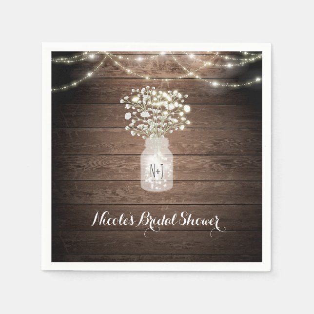 Servilleta De Papel Aliento de Bebé y Luces Recepción de Boda Rústica (Anverso)