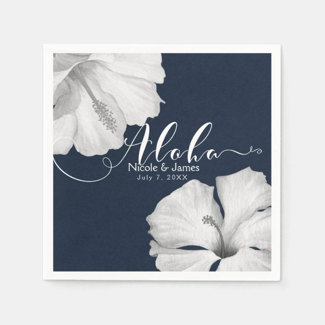 Servilleta De Papel Aloha, Boda Tropical Azul Hibiscus Blanco (Anverso)