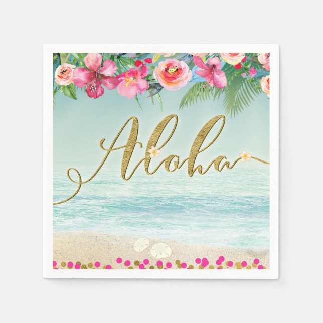 Servilleta De Papel ALOHA Gold Tropical Beach Hibiscus Floral (Anverso)