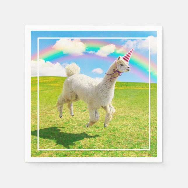 Servilleta De Papel Alpaca Unicornio Bajo Cielo Arcoiris (Anverso)