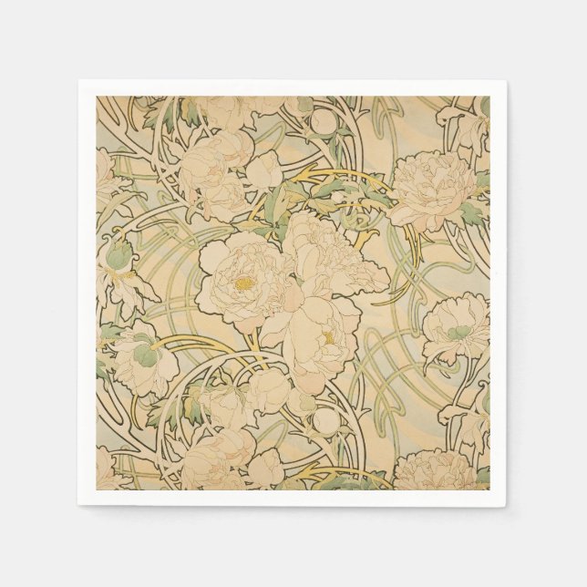 Servilleta De Papel Alphonse Mucha Peonies Peony Rosas Fawn 1897 (Anverso)