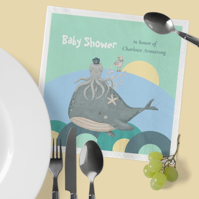 Servilleta De Papel Amable Baby Shower Verde de ballena nautica (Lovable Nautical Whale Squid Green Baby Shower Napkins ©Susanne Sachers - Sunny Mind Design 🌞)