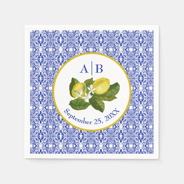 Servilleta De Papel Amalfi Coast I Italian Lemon & Blue Tile Mongram (Anverso)