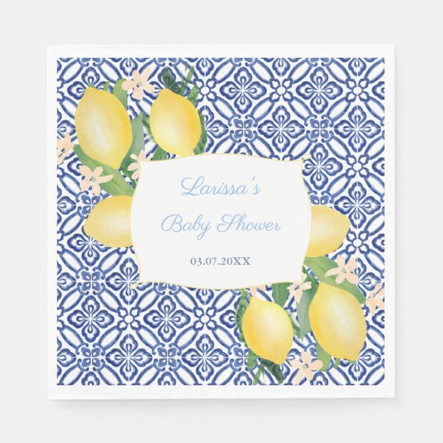 Servilleta De Papel Amalfi Coast Lemons Italiano Blue Tiles Baby Showe (Anverso)