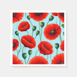 Servilleta De Papel Amapolas Rojas Vibrantes sobre un Fondo Azul Claro