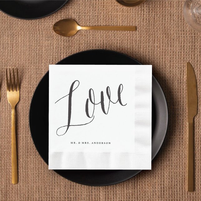 Servilleta De Papel Amar a la moda Moda Black Script Boda caligrafía (LOVE Trendy Chic Black Script Calligraphy Wedding Paper Napkins @ fatfatin_blue_knot)