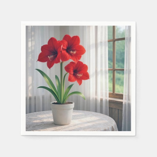 Servilleta De Papel Amarilis Roja en Flor  (Anverso)