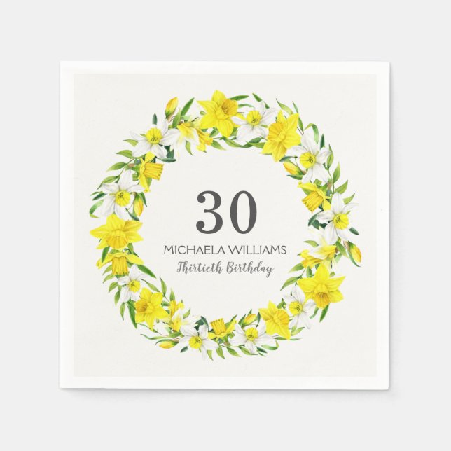 Servilleta De Papel Amarillo blanco Daffodil Wreath cumpleaños 30 (Anverso)