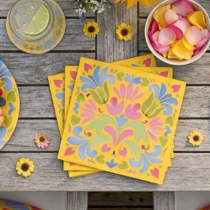 Servilleta De Papel Amarillo soleado y floral de verano azul