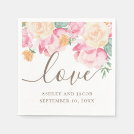 Servilleta De Papel Amor. Acuarela flores rosadas y durazno para boda