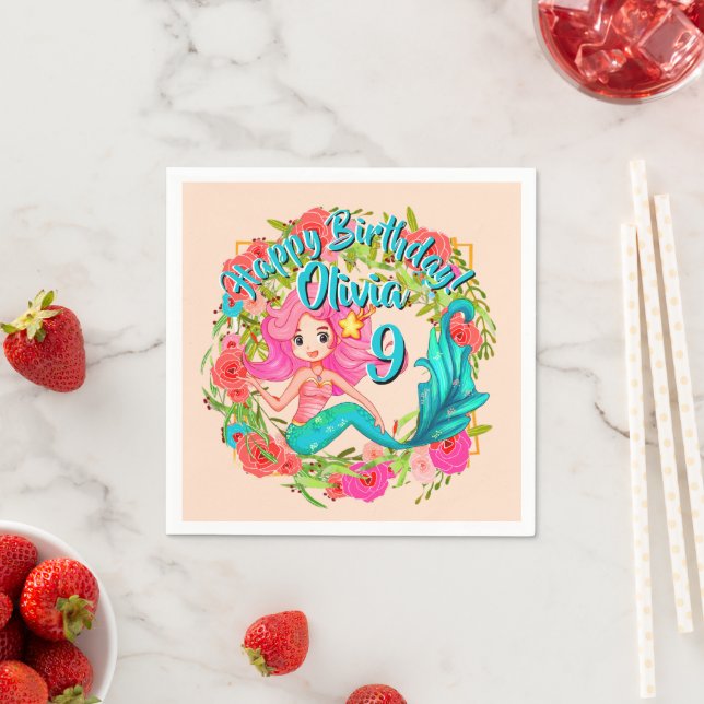 Servilleta De Papel Añadir nombre edad Pink Mermaid Blue Tail Birday P (In situ)