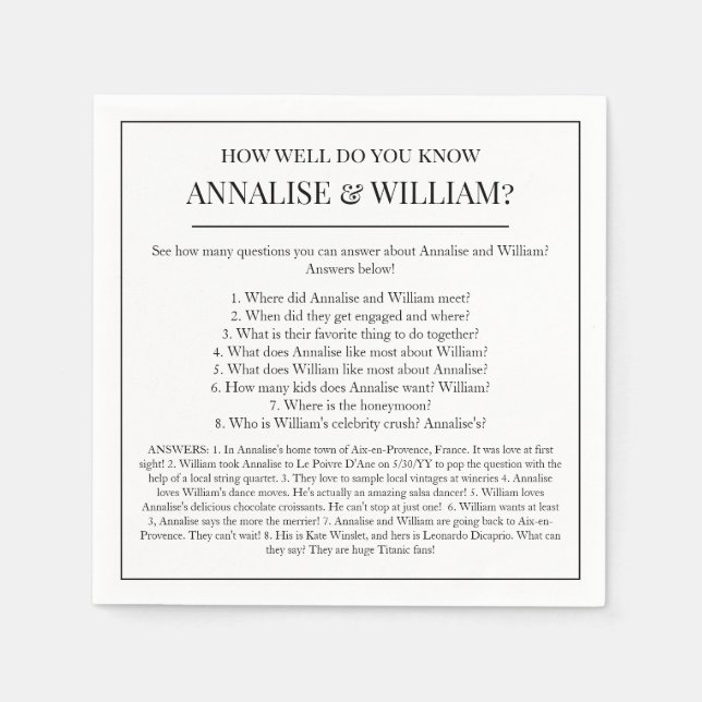 Servilleta De Papel Analiza Qué Sabes De Cocktail Boda Divertido (Anverso)