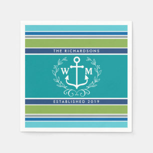 Servilleta De Papel Ancla Monograma Laurel Wreath Stripes Náutico