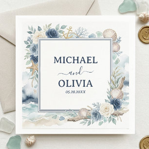 Servilleta De Papel Ancla Náutica Floral Azul Concha de Mar Boda Oceán