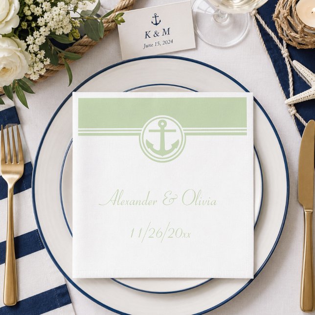 Servilleta De Papel Ancla Náutica Verde Menta (Mint Green Nautical Anchor Paper Napkins)