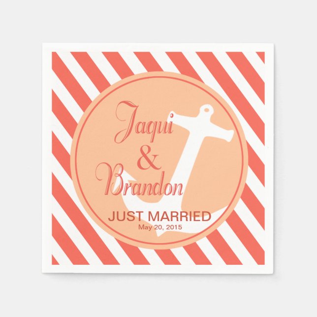 Servilleta De Papel Anclaje en franjas Náuticas | melocotón de coral (Anverso)