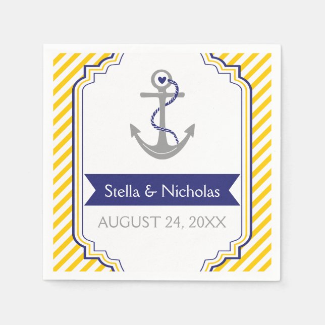 Servilleta De Papel Anclaje gris náutico azul marino, boda amarillo (Anverso)