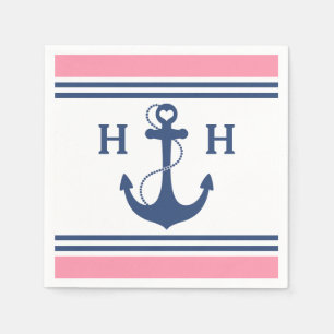 Servilleta De Papel Anclaje náutico rosado del corazón