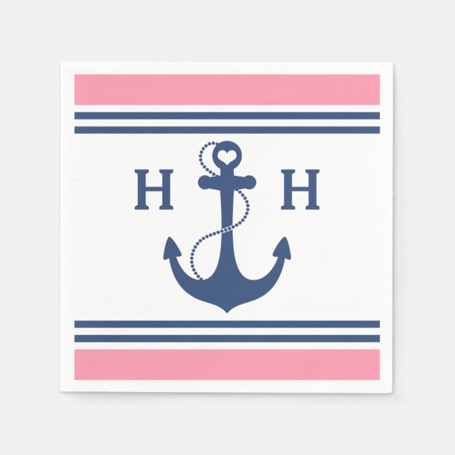 Servilleta De Papel Anclaje náutico rosado del corazón (Anverso)