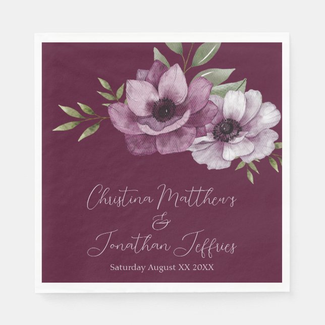 Servilleta De Papel Anémonas de acuarela romántica en Merlot (Anverso)