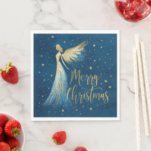 Servilleta De Papel Ángel de Navidad dorado sobre azul marino estrella