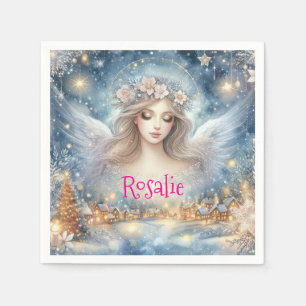 Servilleta De Papel Ángel de nieve de escarcha etérea de acuarela azul