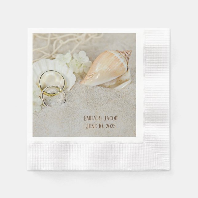 Servilleta De Papel Anillos bodas y conchas en la arena (Anverso)