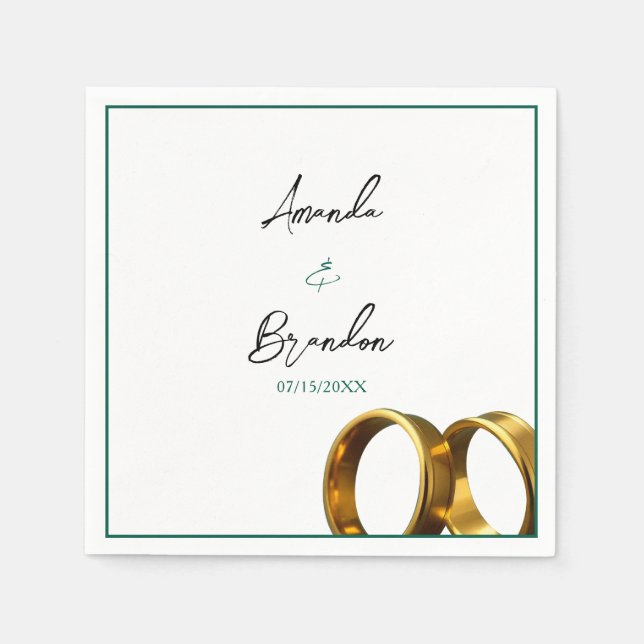 Servilleta De Papel Anillos de boda esmeralda verde oro Chic (Anverso)