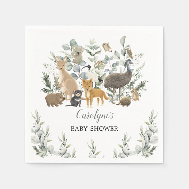 Servilleta De Papel Animales australianos leafy Eucalyptus Baby Shower (Anverso)