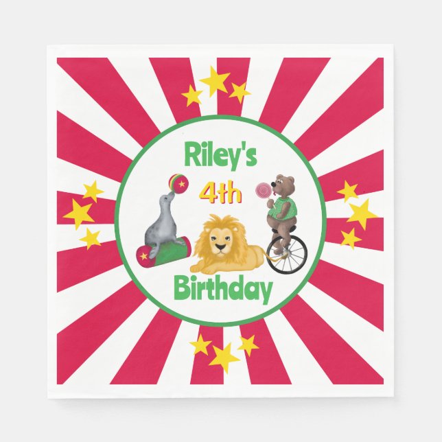 Servilleta De Papel Animales de circo juguetón dibujados a mano rojo y (Anverso)