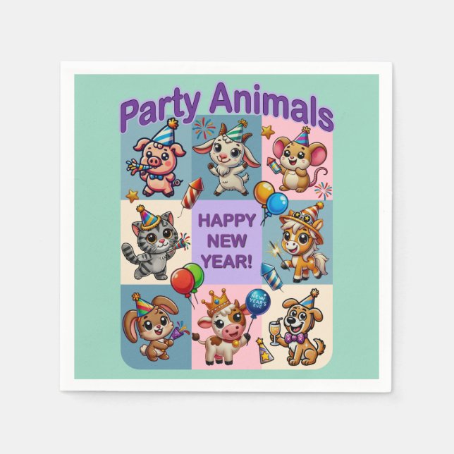 Servilleta De Papel Animales de fiesta "Feliz Año Nuevo" (Anverso)