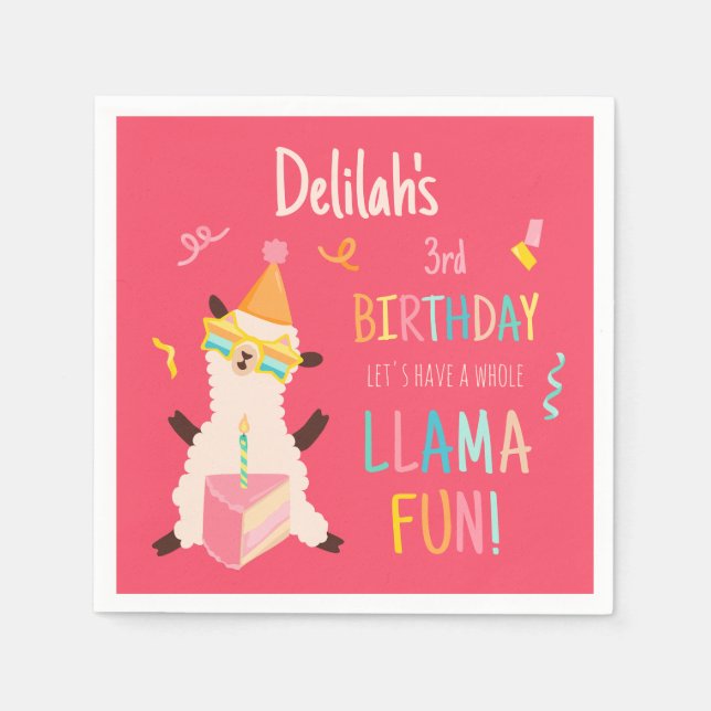 Servilleta De Papel Animales de Fiesta Llama Cumpleaños Chicas Rosa (Anverso)