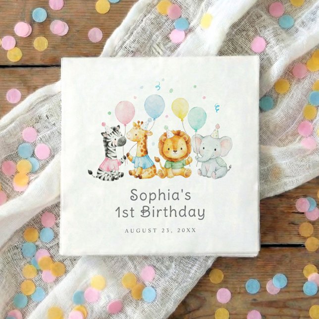 Servilleta De Papel Animales de fiesta para bebés Cumpleaños 1 (Kids birthday party napkins with elephant, lion, giraffe and zebra holding balloons)
