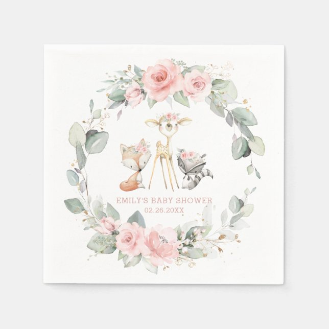 Servilleta De Papel Animales de Woodland singulares Baby Shower Floral (Anverso)