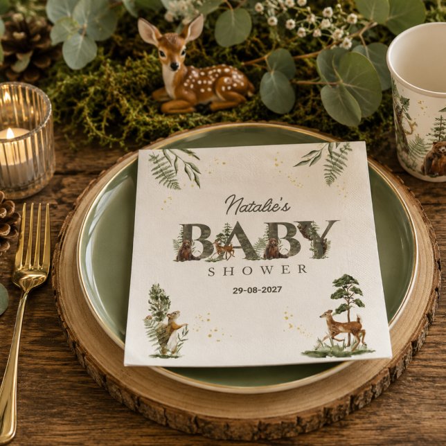 Servilleta De Papel Animales del Bosque Fiesta de Bebé en el Bosque (baby shower napkins watercolor cute animals woodland gender neutral forest whimsical greenery)