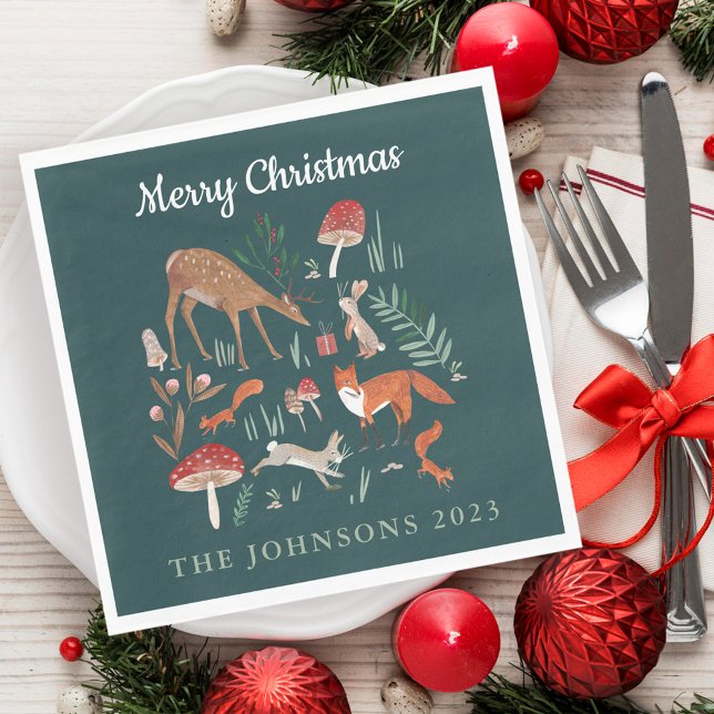 Servilleta De Papel Animales del Bosque Navidad Verde  (Cute Woodland Animals Green Christmas Napkins)