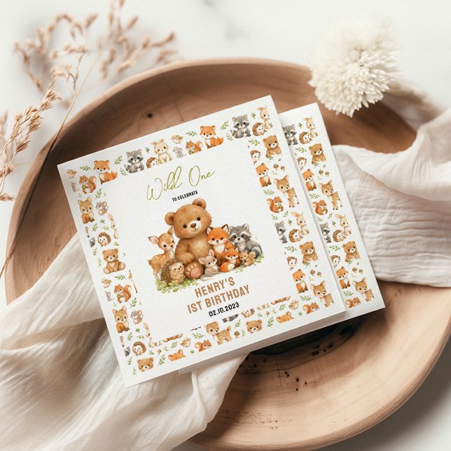 Servilleta De Papel Animales del bosque salvaje cumpleaños primero (Forest Woodland Animals Wild One 1st Birthday Napkins
)