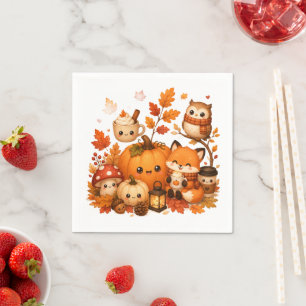 Servilleta De Papel Animales lindos de otoño, zorro y búho de calabaza