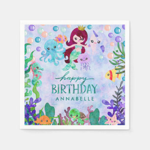 Servilleta De Papel Animales Lindos del Océano Tema Sirena Feliz Cumpl