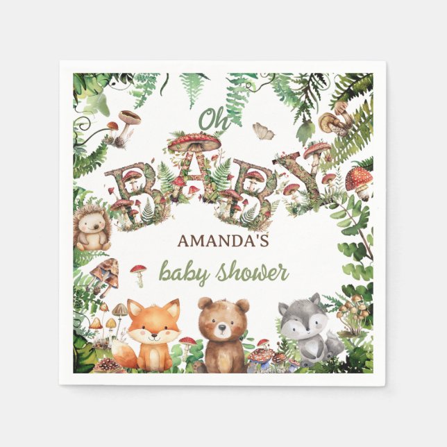 Servilleta De Papel Animales Rústicos de Bosque Botánico Baby Shower  (Anverso)