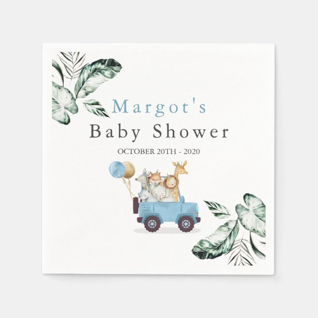 Servilleta De Papel Animales Safari manejados por Baby Shower Greenery (Anverso)