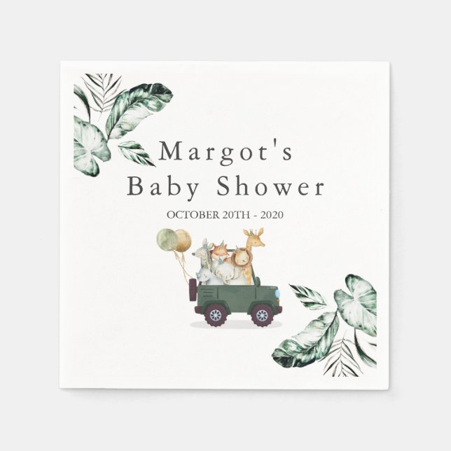 Servilleta De Papel Animales Safari manejados por Baby Shower Greenery (Anverso)