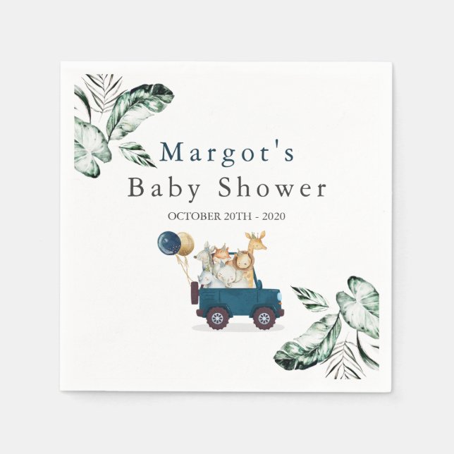 Servilleta De Papel Animales Safari manejados por Baby Shower Greenery (Anverso)