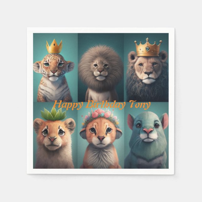 Servilleta De Papel Animales salvajes con coronas azules (Anverso)