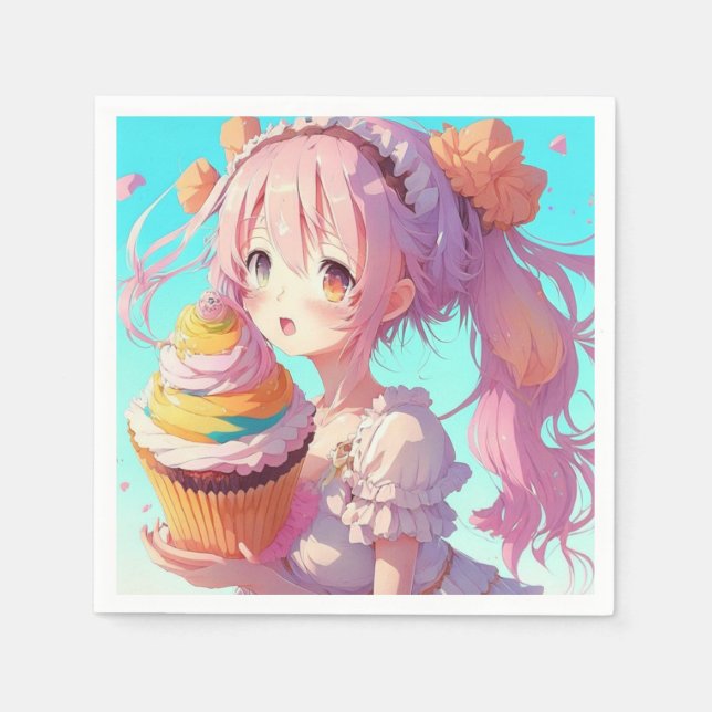 Servilleta De Papel Anime Chica con una deliciosa tarta Cumpleaños (Anverso)