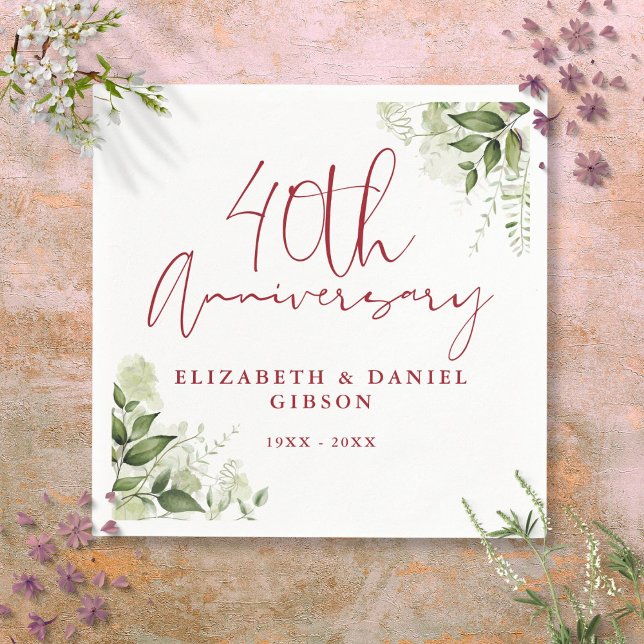 Servilleta De Papel Aniversario de Bodas 40 Verde Floral (40th Wedding Anniversary Greenery Floral Napkins)