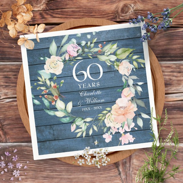 Servilleta De Papel Aniversario de bodas 60º 75º Floral rústico azul (Subido por el creador)